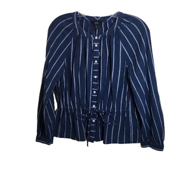 J. Crew Factory Tops - JCREW Linen Blend Denim Top Full Button Front Cinching Waist Contrasting Stripes